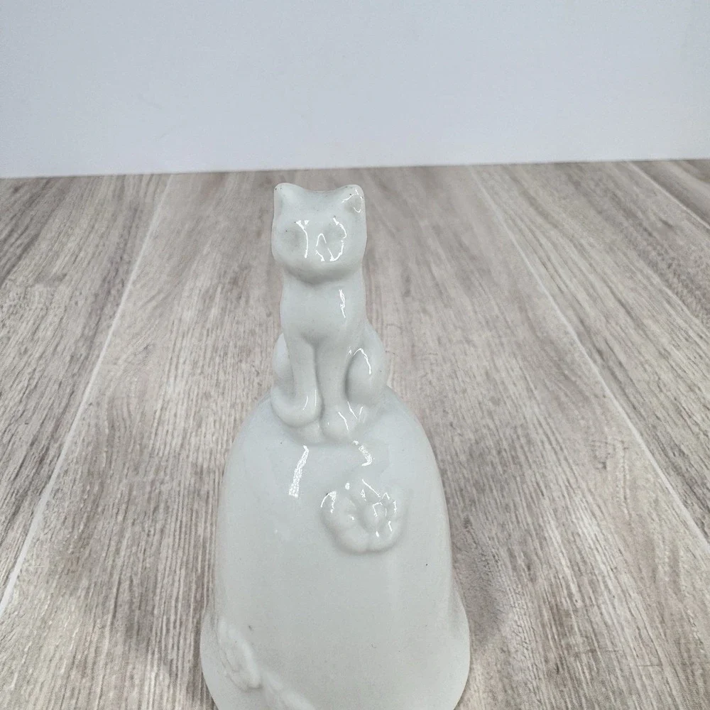 White Ceramic Cat‎ Hand Bell Figurine Raised Floral Design Collectible Decor